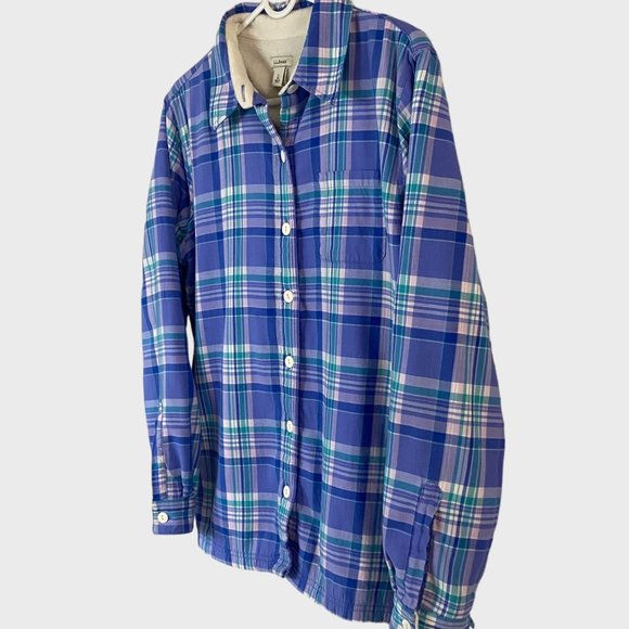 L.L. Bean Fleece Lined Flannel Shirt Womens Small Blue Plaid Button-Up Shacket - Picture 2 of 12